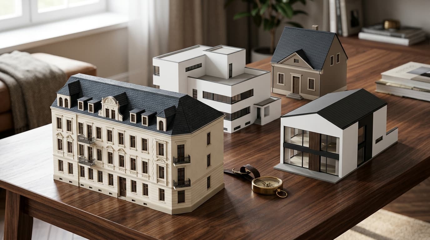 Architekturmodelle verschiedener Leipziger Wohnviertel auf Holztisch — Stadtteil-Guide