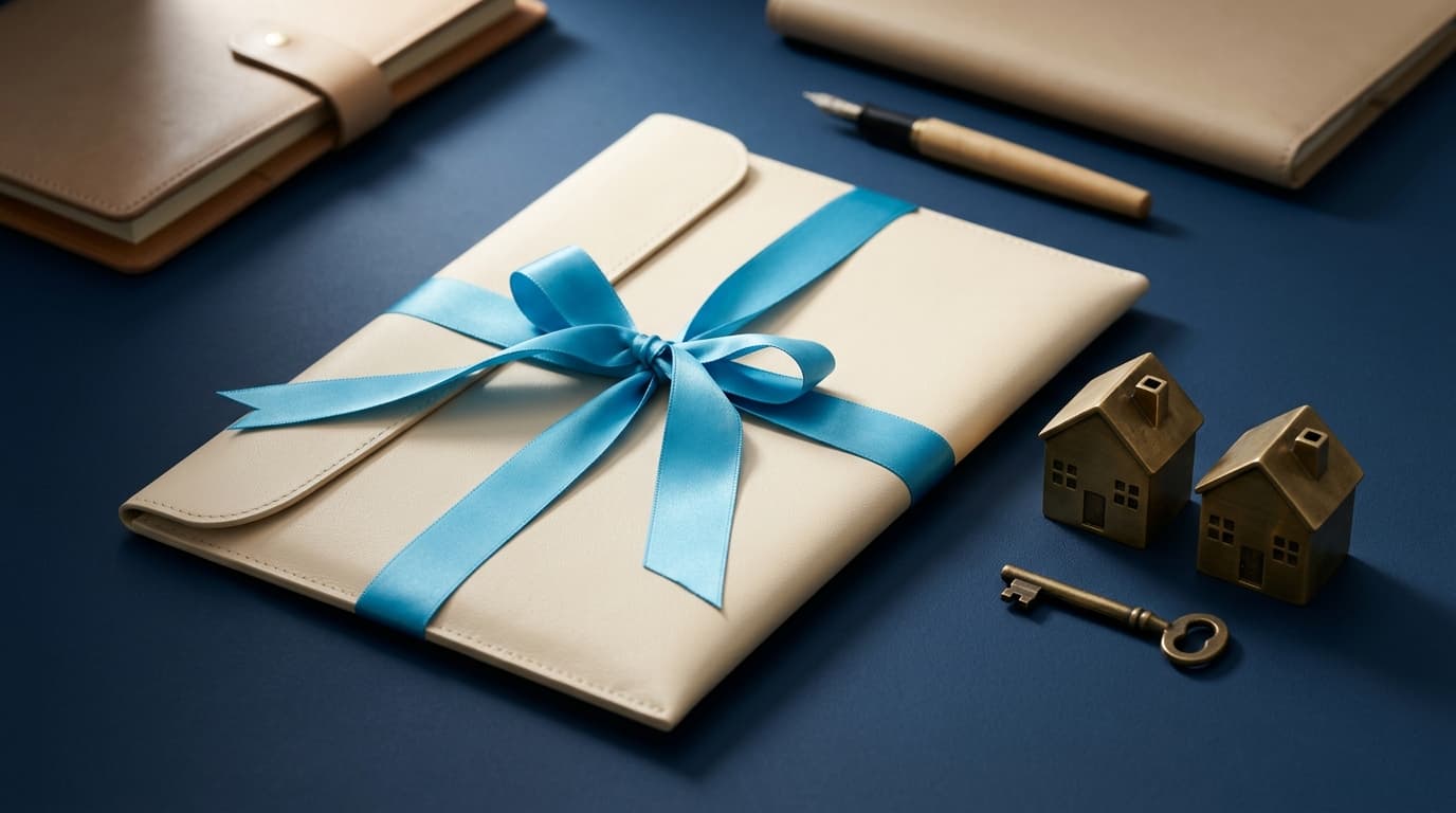 Cremefarbene Dokumentmappe mit cyan-blauem Seidenband, zwei Messinghaus-Figuren und Schlüssel — Bestellerprinzip Verkäufer-Anteil