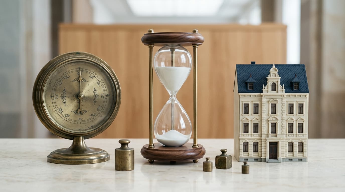 Messingbarometer, Sanduhr und Architekturmodell — Immobilienmarkt-Report Leipzig