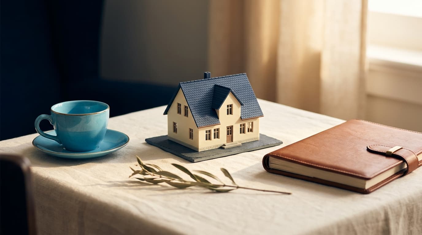 Architekturmodell mit cyan-blauer Keramiktasse und Lederbuch in warmem Nachmittagslicht — Immobilie in der zweiten Lebenshälfte