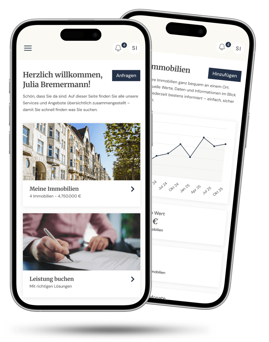 Das Butterling-Eigentümerportal auf dem Smartphone: Willkommens-Übersicht und Meine Immobilien
