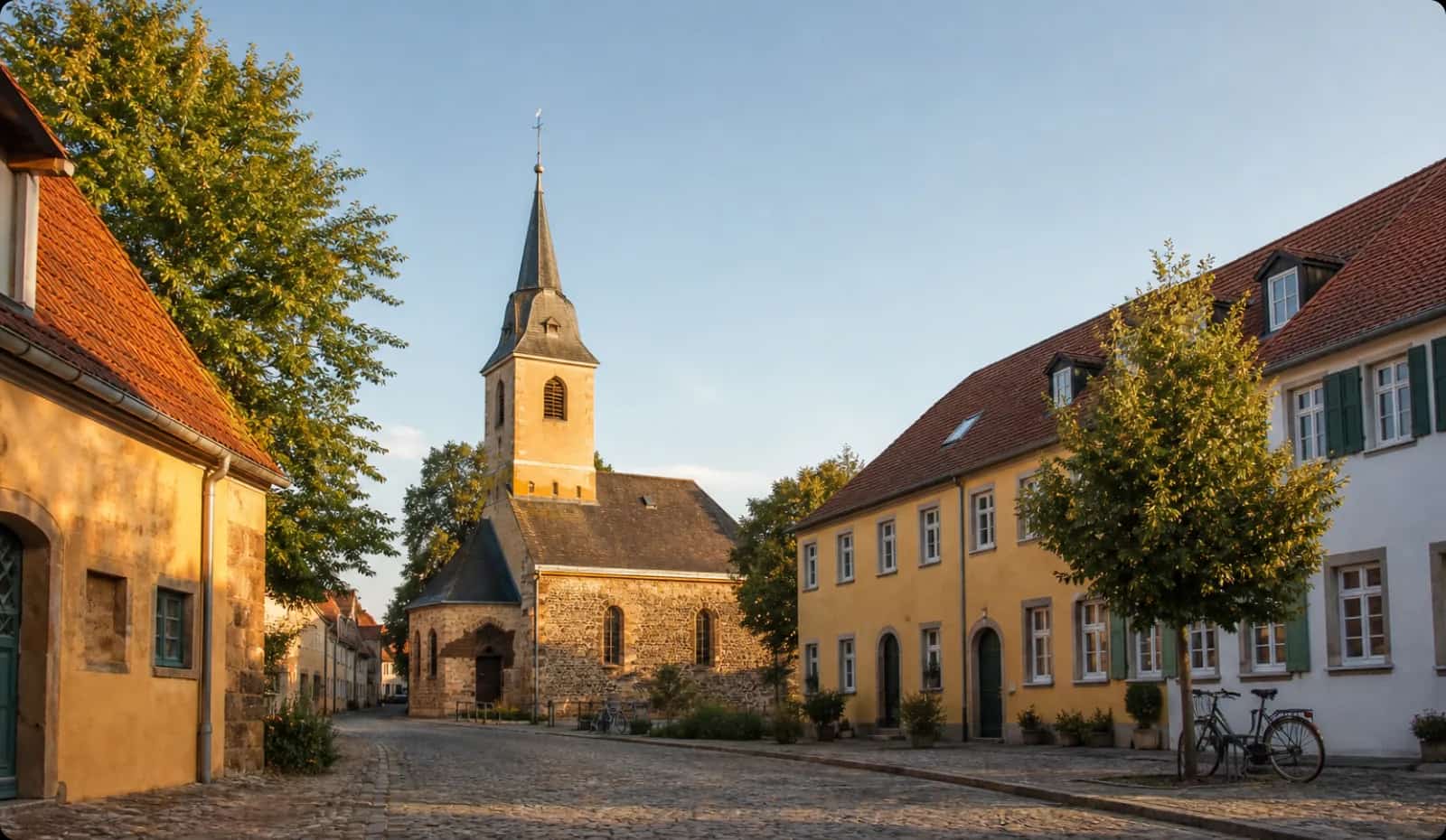 Dorfkern von Wiederitzsch im Abendlicht mit Kirche und Kopfsteinpflaster (KI-Symbolbild)