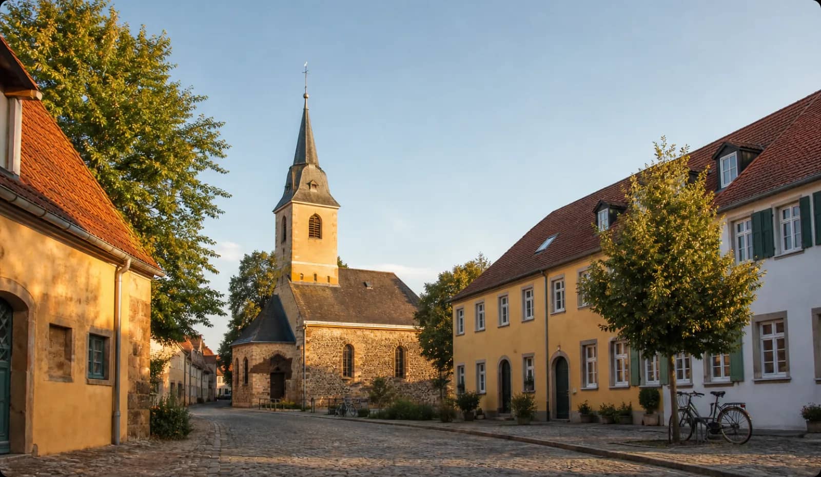 Dorfkern von Wiederitzsch im Abendlicht mit Kirche und Kopfsteinpflaster (KI-Symbolbild)