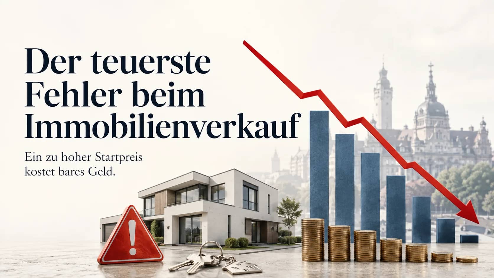 Zu hoher Startpreis beim Immobilienverkauf: fallende Preiskurve und schrumpfende Münzstapel vor Leipziger Skyline